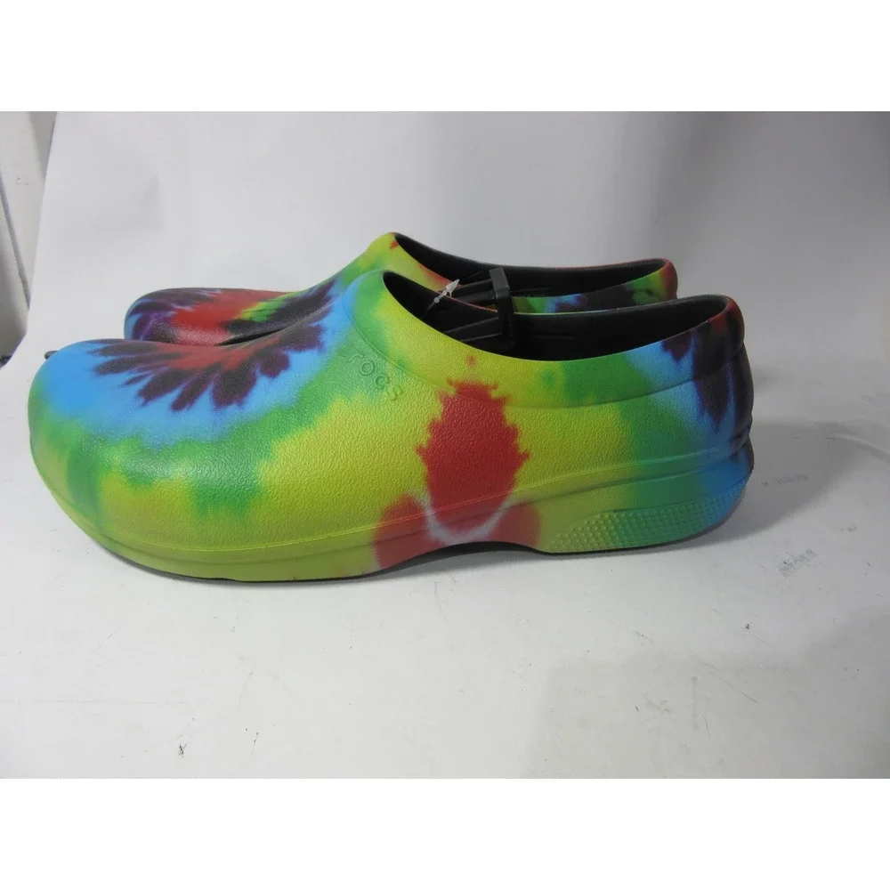 Crocs On-the-Clock Work Clog Mens 12 Rainbow Tie Dye New Slip Resistant
